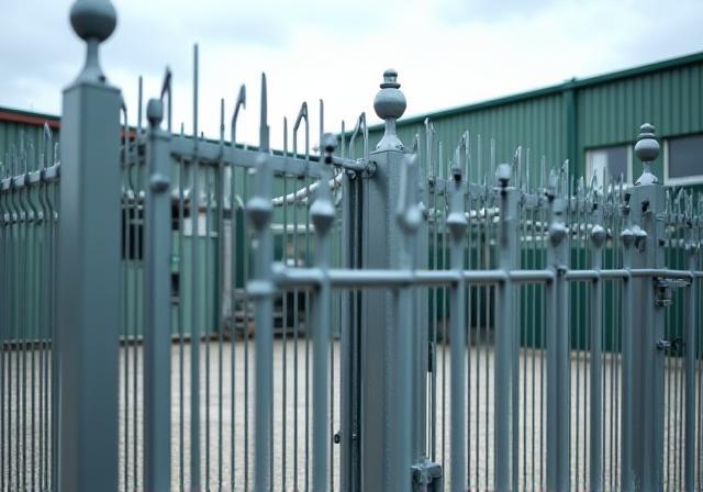 Steel palisade fence securing commercial facility
