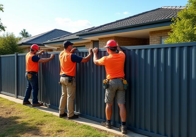 Team installing Colorbond fence on suburban property